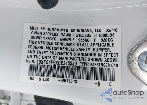 2016 Honda Civic Touring from USA, damaged, VIN 19XFC1F9XGE215559